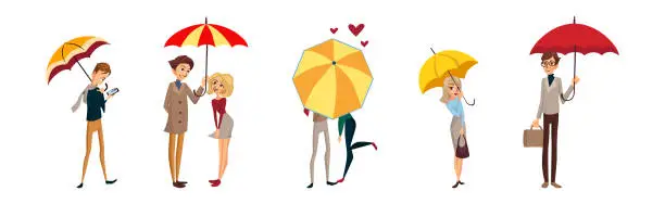 Vector illustration of People with Umbrellas Walking in the Street Vector Set