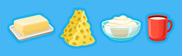 ilustrações, clipart, desenhos animados e ícones de produto lácteo diferente com manteiga, queijo e leite na caneca no conjunto de ilustração do vetor de fundo azul - cheese portion backgrounds organic