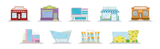 Vector illustration of Commercial Buildings and City Street Architecture Vector Set