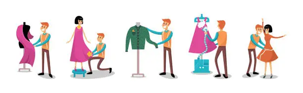 Vector illustration of Man Dressmaker or Tailor Sewing for His Customers Vector Set