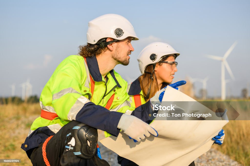 Project Outside Work Engineer Working With Confident Worker Outdoor Working Mega Project ...