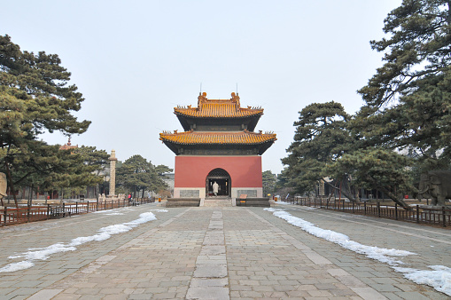 Shenyang, Liaoning, China- March 3, 2012: Zhaoling Tomb, also called North Tomb due to its location in the north of Shenyang, is the tomb of Hongtaiji (the Second Emperor in Qing Dynasty) and his wife. As one of tourist attractions and historic sites in Shenyang, Zhaoling Tomb is the essence of China's ancient architectures, and also the representative of cultural communication between Manchus and Han nationalities. Here is the Dapailou in the Tomb.