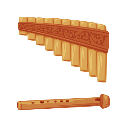 Wooden Panpipe and Flute as Romania Traditional Symbol and Object Vector Set. Famous Slavic Country Musical Instrument Concept