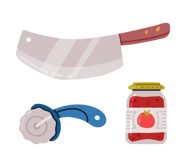 Vector illustration of Pizza Cutter or Roller Blade, Knife and Tomato Sauce or Ketchup with Label in Glass Jar Vector Set