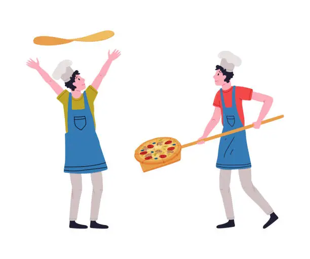 Vector illustration of Man Pizzaiolo in Toque Throwing Dough in the Air and Carrying Shovel Cooking Pizza Vector Set