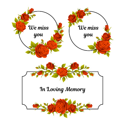 Funeral Red Rose Frame with We Miss You Quote and Inscription Vector Set. Mourning Decorative Flower Border with Lush Buds Arrangement and Lettering