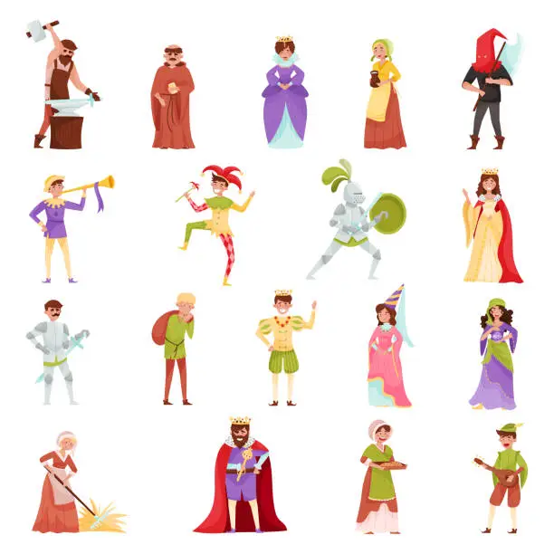 Vector illustration of Middle Ages Century People Characters Big Vector Illustration Set