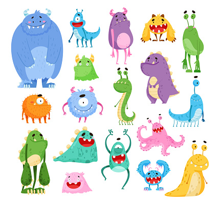 Funny Smiling Toothy Monsters with Horns Big Vector Set. Cute and Friendly Creatures with Legs and Long Arms