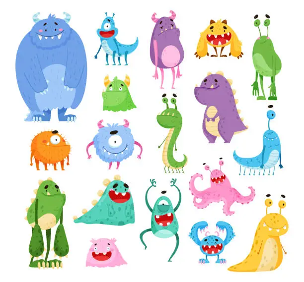 Vector illustration of Funny Smiling Toothy Monsters with Horns Big Vector Set