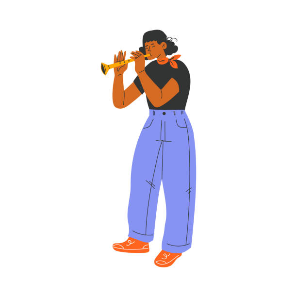 ilustrações de stock, clip art, desenhos animados e ícones de happy musical woman character standing and playing flute vector illustration - flute solo