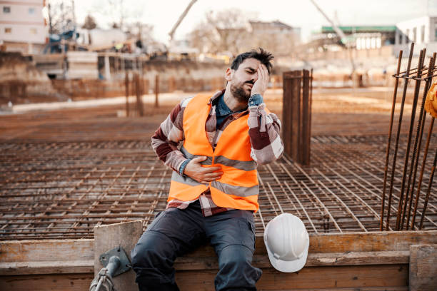 istock A builder is sitting on concrete foundation and having stomach ache. 1500235472