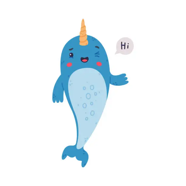 Vector illustration of Funny cute baby narwhal saying Hi. Sea mammal animal cartoon character waving its fin vector illustration