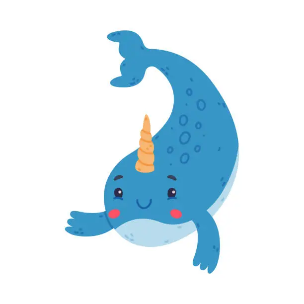 Vector illustration of Funny cute baby narwhal. Cheerful sea mammal animal cartoon character vector illustration