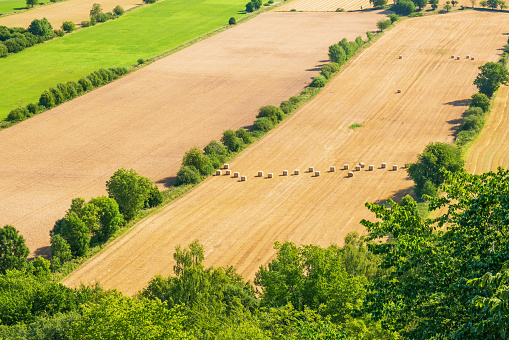 Straw bales on a field from an aerial view