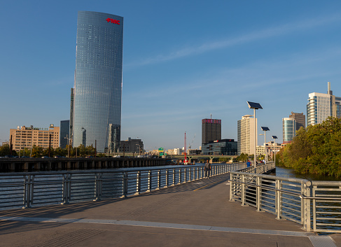 Philadelphia, Pennsylvania - October 01, 2019: Schuylkill River Trail in Philadelphia, Pennsylvania. Schuylkill Banks Park with a trail and skyline views. People are Running.