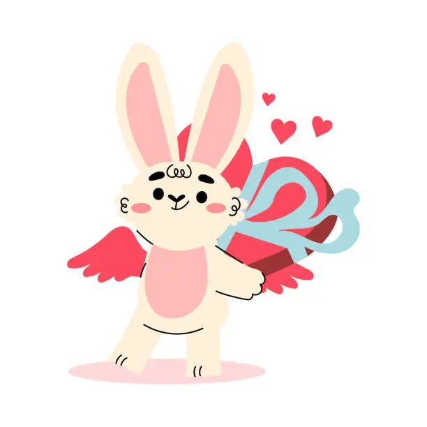 Vector illustration of Cute Cupid Bunny with Wings Hiding Gift Box Behind Vector Illustration