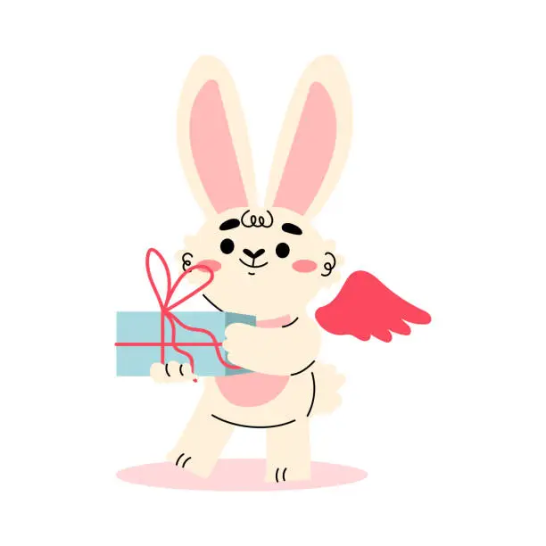 Vector illustration of Cute Cupid Bunny with Wings Holding Wrapped Gift Box Vector Illustration