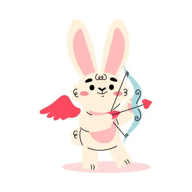 Vector illustration of Cute Cupid Bunny with Wings Standing with Bow and Arrow Vector Illustration