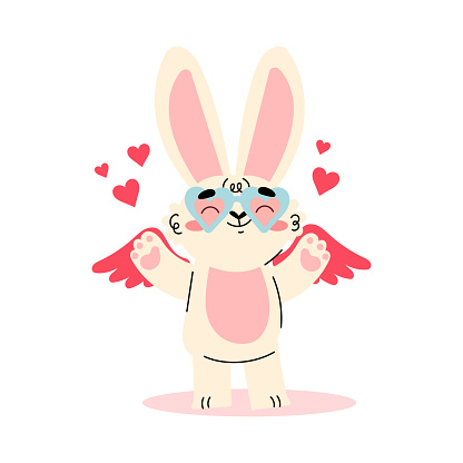 Cute Cupid Bunny with Wings Wearing Heart Glasses Vector Illustration. Funny Rabbit Amor Character