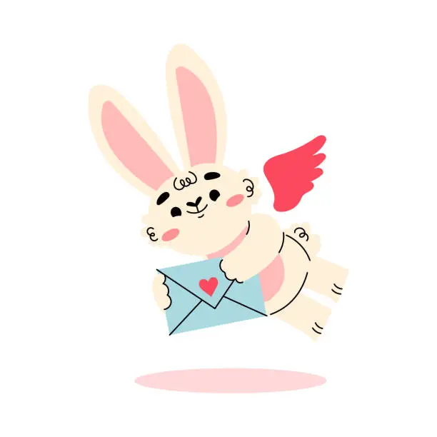 Vector illustration of Cute Cupid Bunny with Wings Flying with Envelope Vector Illustration