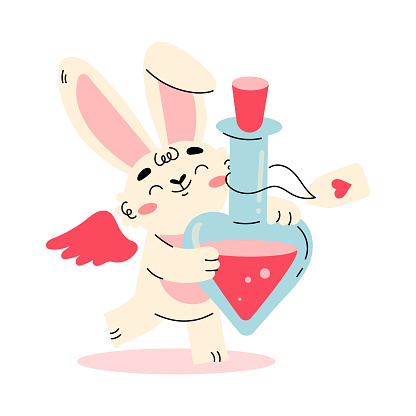 Cute Cupid Bunny with Wings Carrying Glass Flask with Love Potion Vector Illustration. Funny Rabbit Amor Character