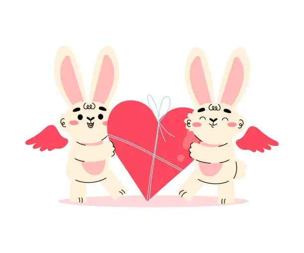Vector illustration of Cute Cupid Bunny with Wings Holding Huge Red Heart Gift Vector Illustration