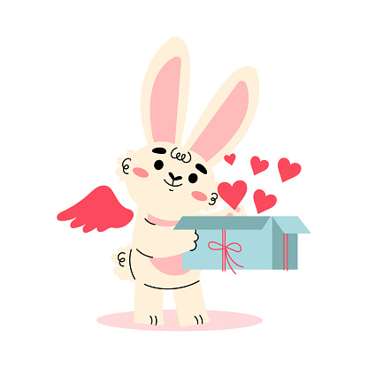 Cute Cupid Bunny with Wings Opening Gift Box with Hearts Vector Illustration. Funny Rabbit Amor Character