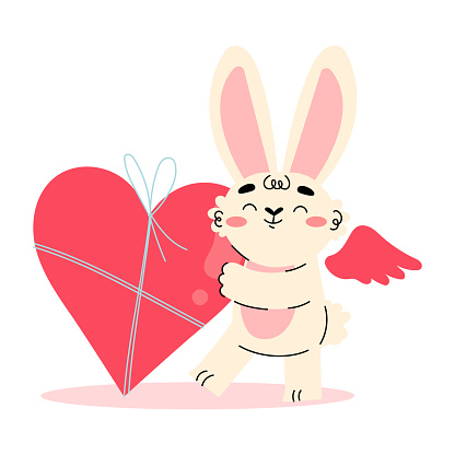 Cute Cupid Bunny with Wings Holding Huge Red Heart Gift Vector Illustration. Funny Rabbit Amor Character