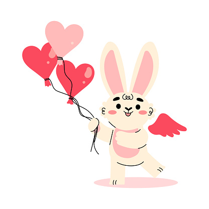 Cute Cupid Bunny with Wings Holding Red Heart Balloon by String Vector Illustration. Funny Rabbit Amor Character