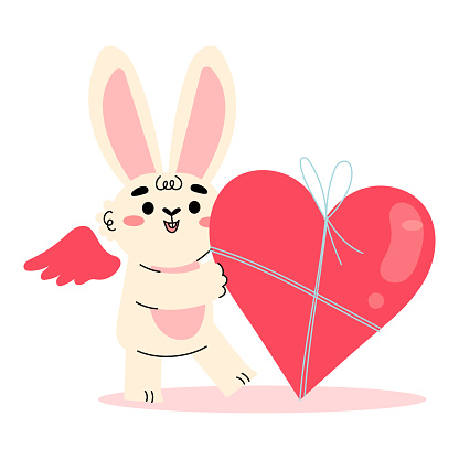 Cute Cupid Bunny with Wings Holding Huge Red Heart Gift Vector Illustration. Funny Rabbit Amor Character