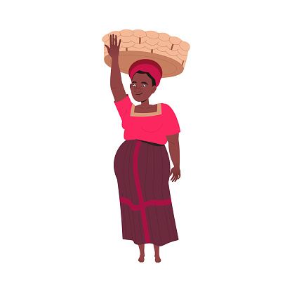 Pregnant Woman with Wicker Basket on Head Harvesting Coffee Crop Vector Illustration. Female Engaged in Agricultural Work