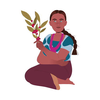 Woman Harvesting Coffee Crop Picking Ripe Red Berry from Branch Vector Illustration. Female Engaged in Agricultural Work