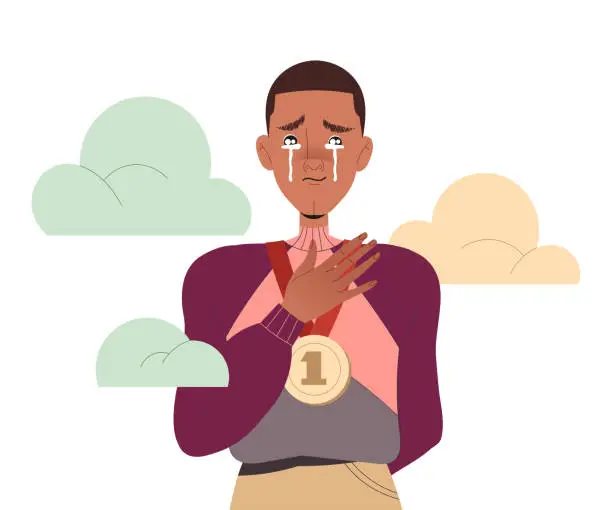 Vector illustration of Man with Golden Medal Crying from Happiness Vector Illustration