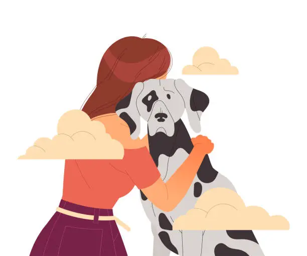 Vector illustration of Woman Crying from Loneliness Embracing Her Dog Pet Vector Illustration