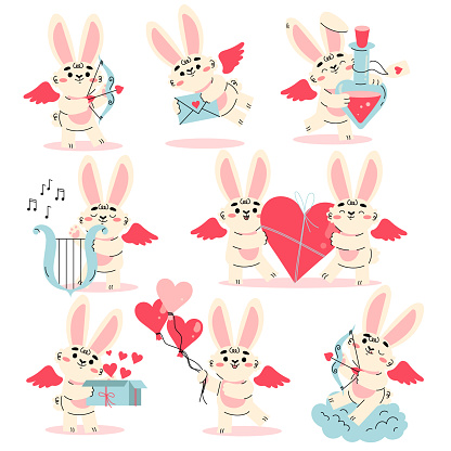 Cute Cupid Bunny with Wings and Heart as Love and Affection Symbol Vector Set. Funny Rabbit as Amor Character