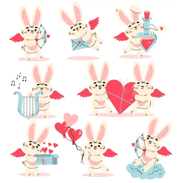 Vector illustration of Cute Cupid Bunny with Wings and Heart as Love and Affection Symbol Vector Set