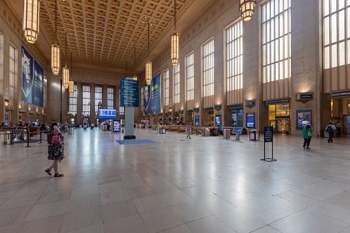 Philadelphia, Pennsylvania - October 02, 2019: The departure hall at 30th Street Station in Philadelphia. Interior view of 30th Street Station. PA, USA.