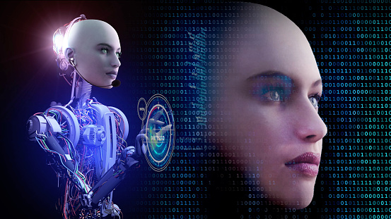 An artificial intelligence robot is working, which develops software with the help of a virtual computer.