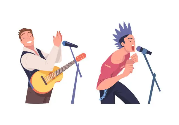 Vector illustration of Man Singer and Musician with Microphone Performing Music on Stage Vector Set