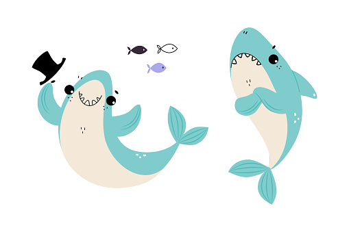 Comic Blue Shark with Fins as Marine Animal Smiling and Feeling Grumpy Vector Set. Aquatic Mammal with Sharp Teeth