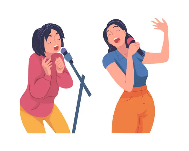 Vector illustration of Woman Singer and Musician with Microphone Performing Music on Stage Vector Set