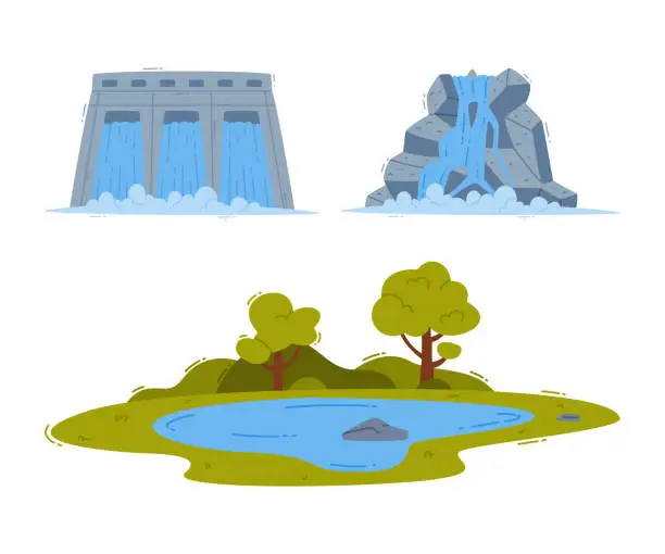 Vector illustration of Pond with Natural Water, Fountain and Dam Vector Set