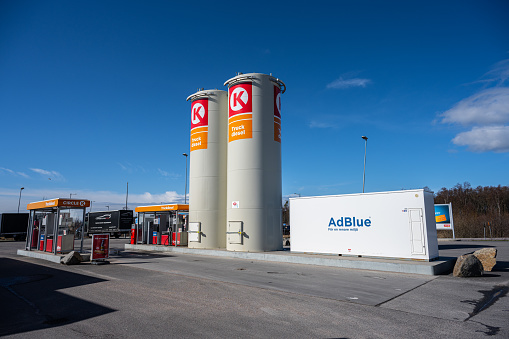 Gothenburg, Sweden - March 27 2023: Truck diesel tanks and AdBlue tank at a Circle K gas station.