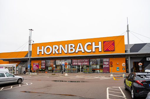 Gothenburg, Sweden - March 29 2023: Entrance and logo of Hornbach.