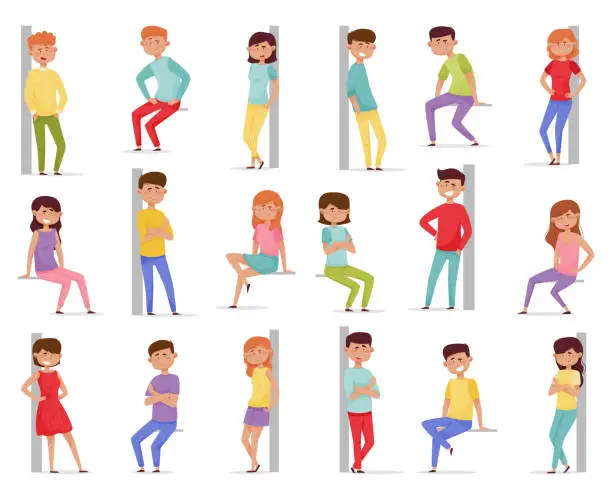 Vector illustration of Cheerful People Characters Leaned Against the Wall and Sitting Big Vector Set