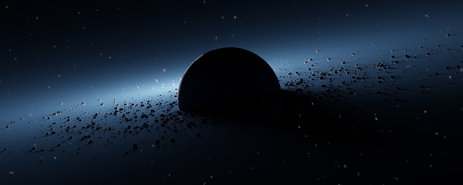 Panorama Planet Pandora surrounded asteroid belt, rings wreckage of destroyed planet. Blue protoplanet in black cosmos space of universe. 3d render