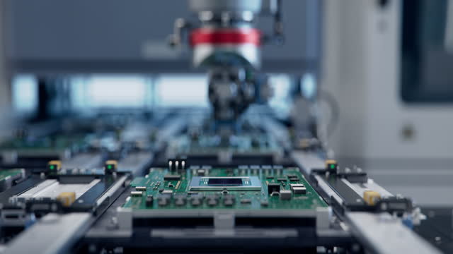 POV of Circuit Board on Conveyor during Component installation process. Fully Automated PCB Assembly Line. Electronic Devices Production Industry. Bright Electronics Factory.