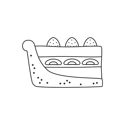 Flat cartoon illustration of a slice of cake with berries. Vector 10 EPS.