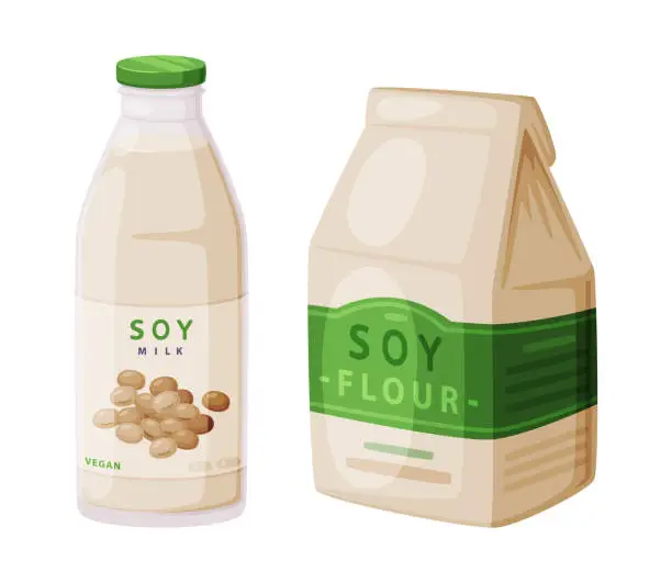 Vector illustration of Soy Flour in Package and Milk Bottle as Natural and Organic Product from Soybean Plant Vector Set