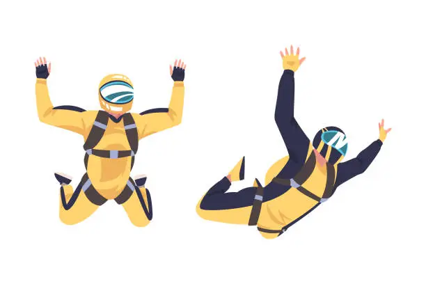 Vector illustration of Man Parachutist Skydiving and Free-falling in the Air Descenting on the Earth Vector Set